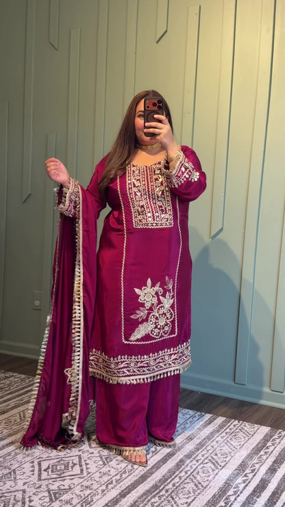 Mirror Hand Embroidered Crepe Three Piece