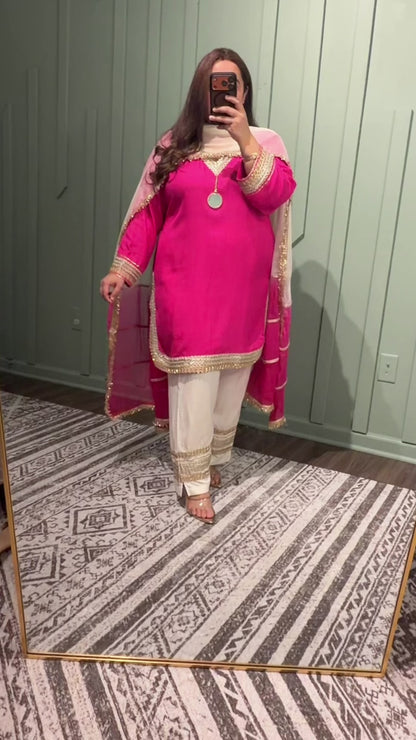 Hot Pink Viscose Muslin Gotta Embroidered Three Piece