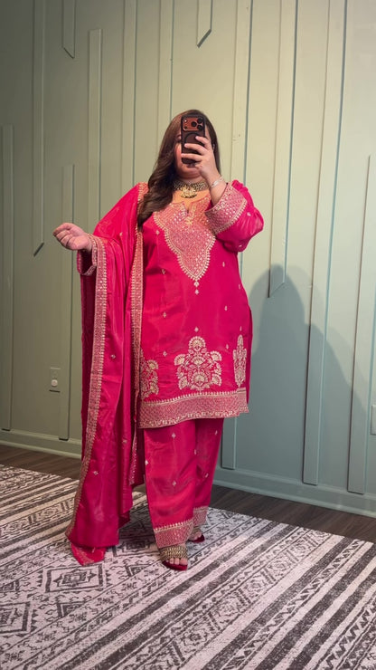 Fuchsia Shimmer Dori Hand Embroidered Three Piece
