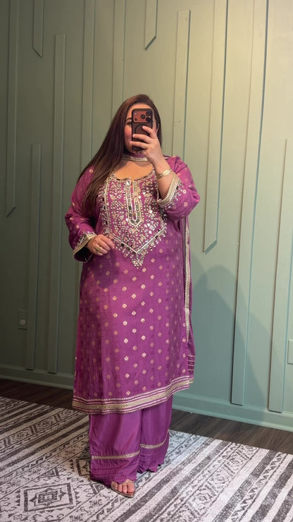 Banarsi Zari Mirror Hand Embroidered Plazo Three Piece