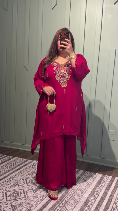 Chiffon Cherry Red Hand Embroidered Co ord