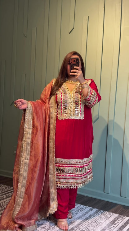 Red Mirror Designer Inspired Pure Natural Crepe Three Piece