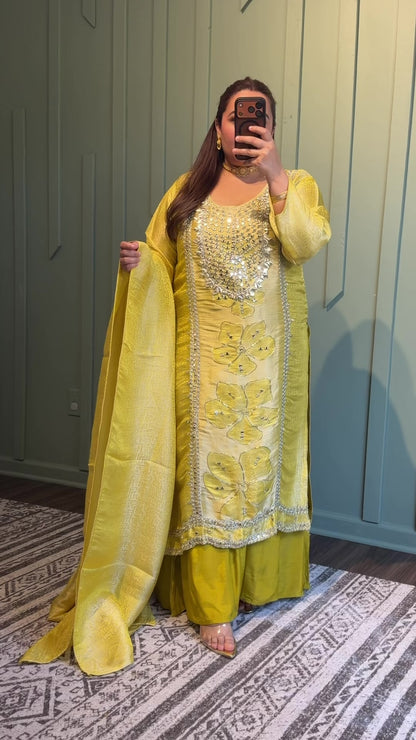 Brocade Mirror Hand Embroidered Sharara Three Piece