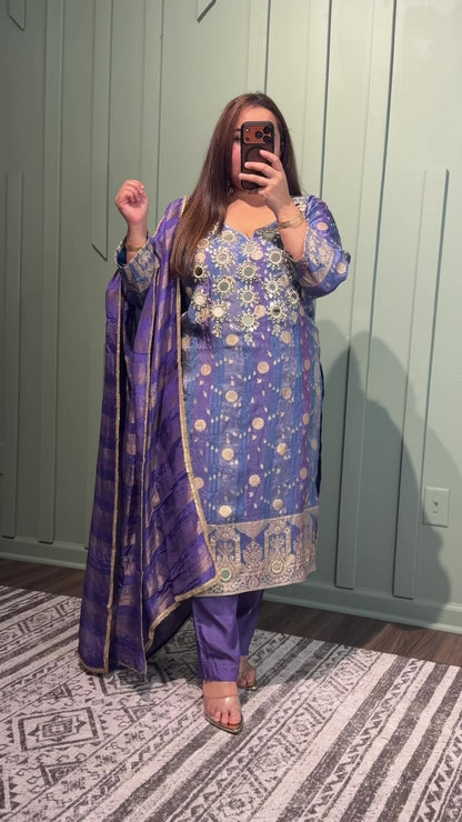 Banarsi Shimmer Mirror Hand Embroidered Three Piece