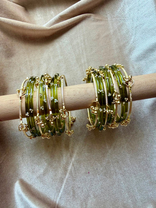 GLASS JELLY BANGLES (1 Dozen Glass & 8 Ghungru)