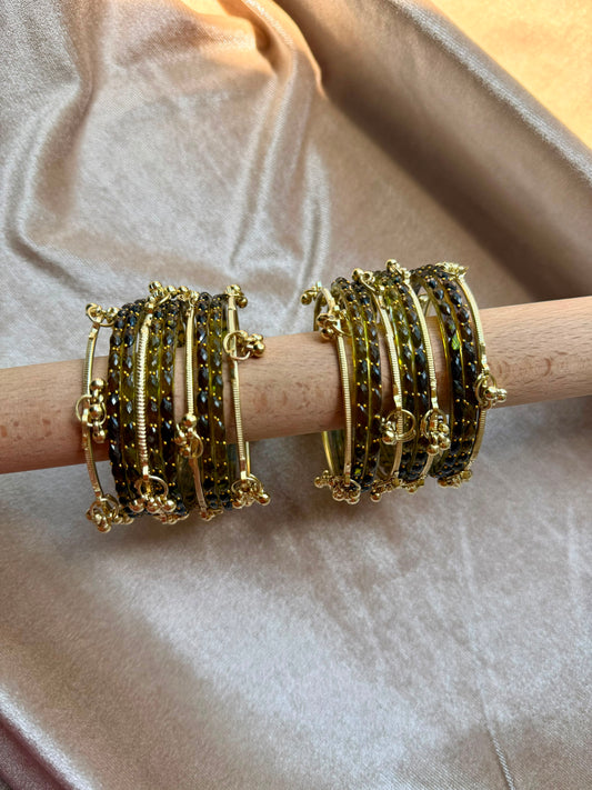 GLASS RAINDROP BANGLES (1 dozen glass & 8 Ghungru)