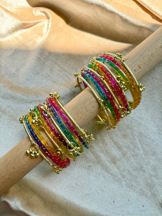 GLASS RAINDROP BANGLES (1 dozen glass & 8 Ghungru)